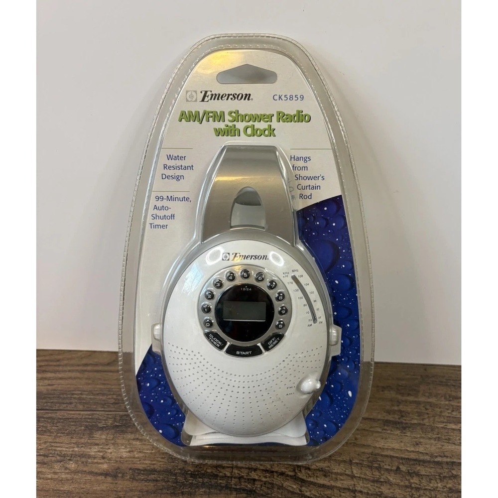Emerson CK5859 AM / FM Shower Radio with Clock Hanging Water Resistant White